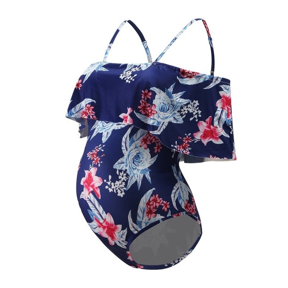 Dark Blue Floral Maternity Swimsuit One Piece Ruffle Spaghetti Straps  Size M - Picture 3 of 7